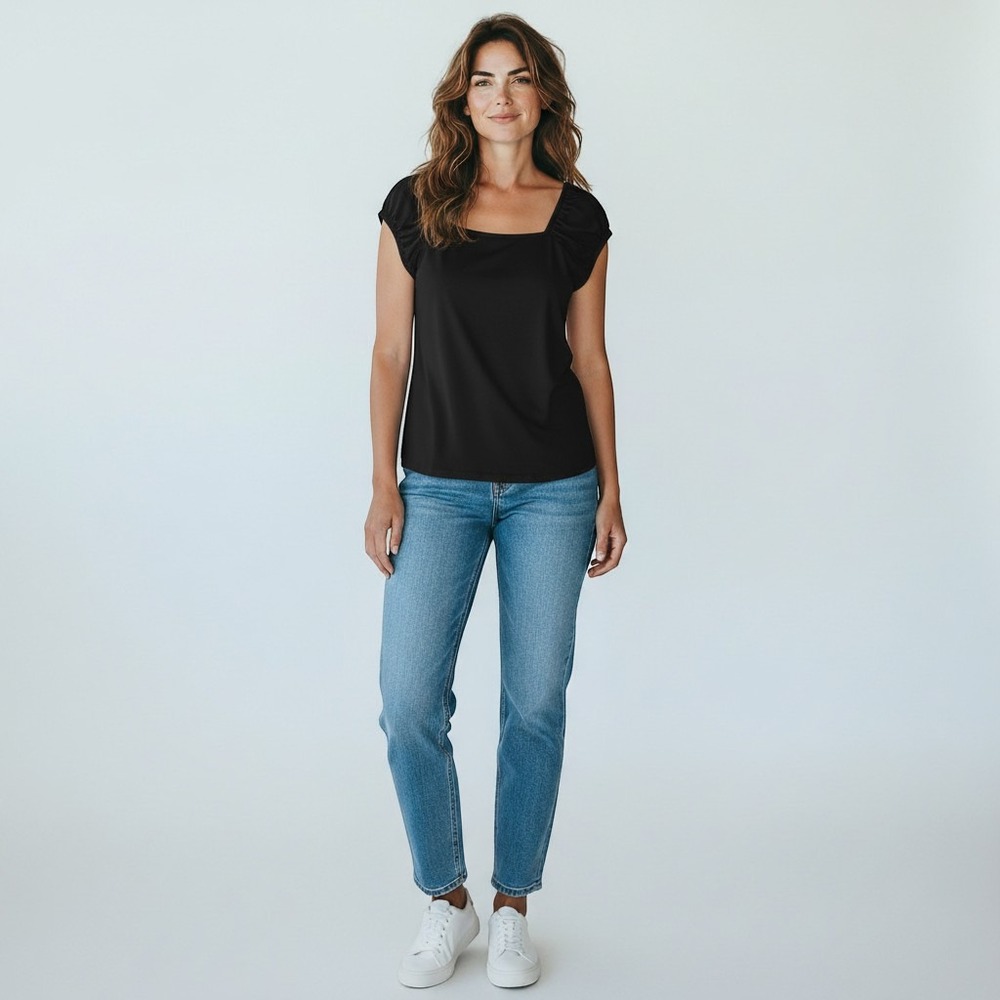 Zeagoo Womens Ruched Shoulder Square Neck Top Black Short Sleeve Size L NWT